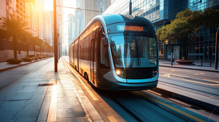 Obraz premium Public transportation solutions powered by hydrogen fuel cells, contributing to a sustainable urban ecosystem