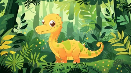 Animated modern illustration of a cute diplodocus in a jungle with green plants. Baby dinosaur in a prehistoric forest. Modern illustration of a tropical wood, rainforest landscape with a funny