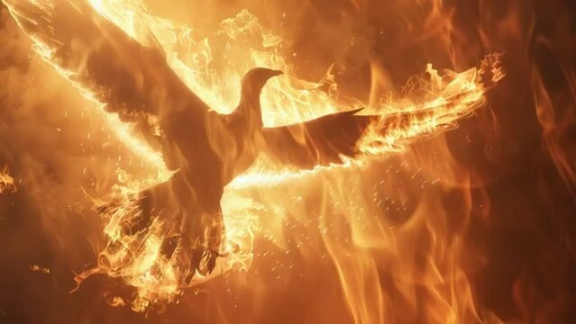 Rising Phoenix in flames. Abstract bird flying from the fire and ashes
