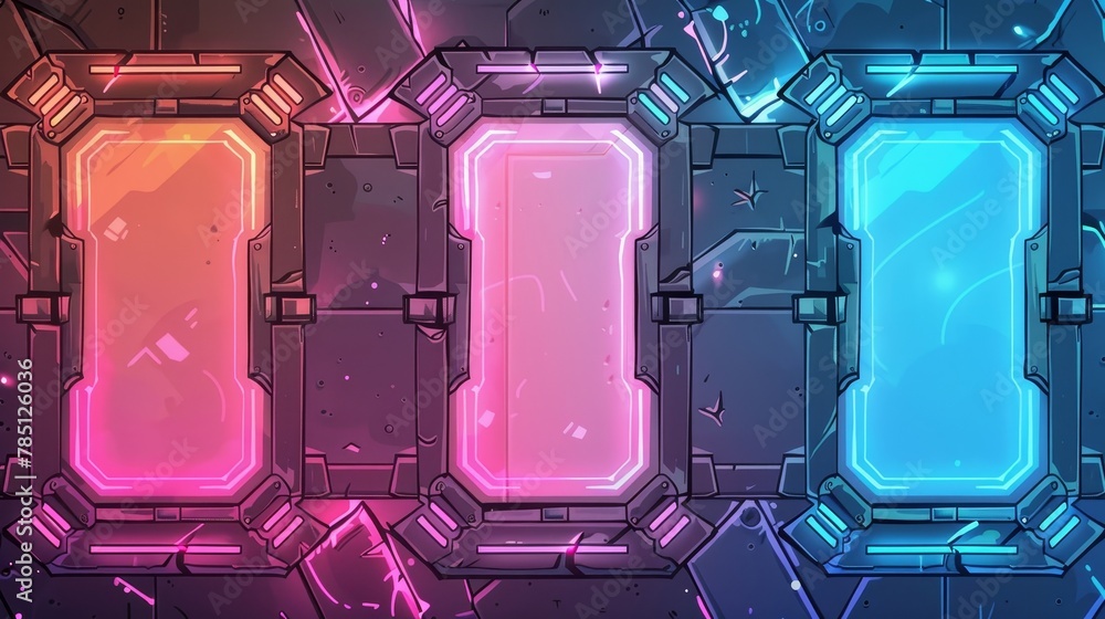 Poster modern cartoon set of gui elements in sci fi style, empty frames with blue and pink glow for avatar 