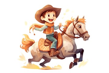 Cute boy riding a horse. Vector illustration isolated on white background.