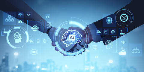 Human and robot handshake, AI brain hologram and futuristic technologies icons