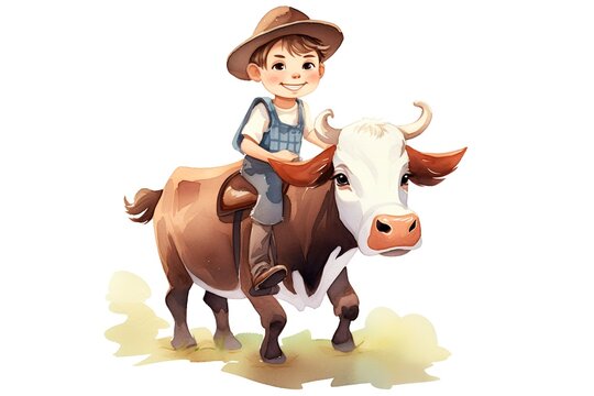 Cute boy riding a cow. Watercolor illustration isolated on white background