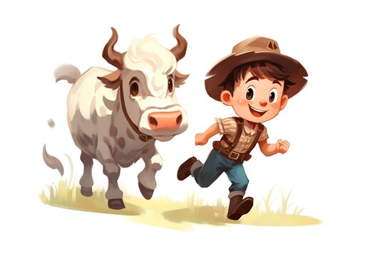 Cute cartoon cow and boy on the meadow. Vector illustration