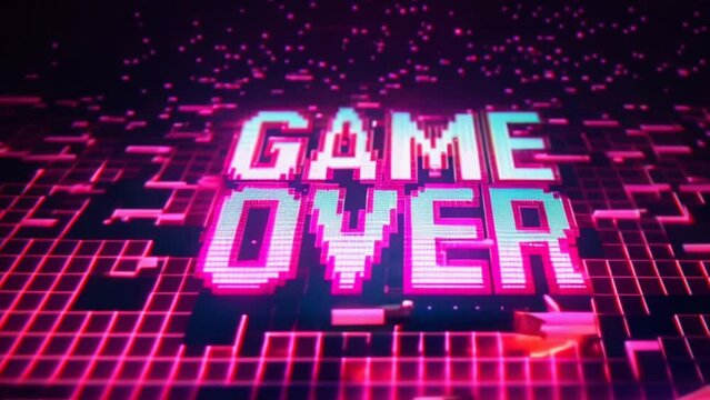Game over Pixel art design. Arcade retro banner, digital pixel 8-bit. End level final poster. Vintage style. Pixelated text illustration. Gaming finish sign. Old fashion effect. Red background.
