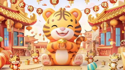 New year greeting card for the Tiger Year of 2022. A cute tiger cupping its paw for greeting, and small tigers busy celebrating Spring Festival. The text of welcoming the new year is written on