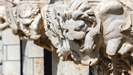 Close-up of ancient Roman carved stone column capital. Zoomorphic style of Asia Minor. Hierapolis, Pamukkale, Denizli, Turkey (Turkiye)