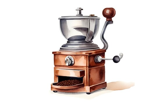 Coffee grinder with coffee beans. Watercolor hand drawn illustration
