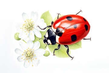 ladybug on blossom of jasmine isolated on white background