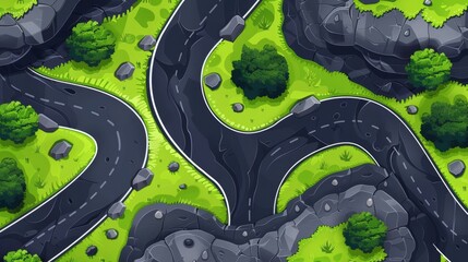 Aerial panorama view of a summer landscape featuring curve asphalt highways, stones and green grass with a top view of a serpentine, winding car road.
