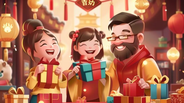 A Chinese New Year greeting card showing a family visiting parents with plenty of gifts. Text of happy Chinese New Year is written in Chinese.