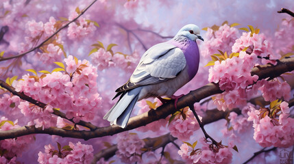 Dove in spring on a tree branch covered with purple