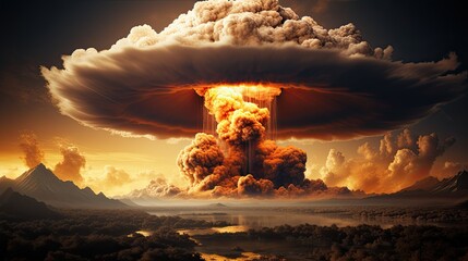 Nuclear bomb explosion, mushroom cloud over industrial nuclear plant zone, - obrazy, fototapety, plakaty