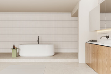 Fototapeta na wymiar Cozy modern home bathroom interior with tub, sink and wooden vanity