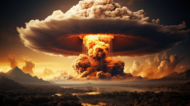 Nuclear bomb explosion, mushroom cloud over industrial nuclear plant zone,