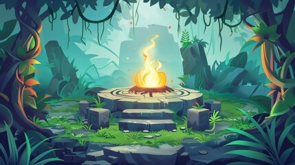 Stone circle altar in the jungle with fire on pillars. Modern illustration of rainforest landscape with green grass, trees, lianas, and old round podium with paganism symbols. - obrazy, fototapety, plakaty