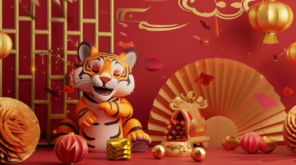 Fototapeta premium Best wishes for the new year written on big couplet. 3d rendering of tiger pawing on gold ingot with semicircle paper fans.