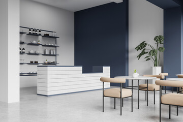 Elegant cafeteria interior with chairs and tables in row, bar counter and shelf