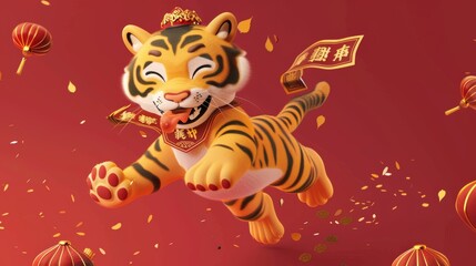 Greeting card for the Chinese New Year of 2022. A big tiger leaping in the air with a paper scroll dangling from its mouth proclaiming welcome the year of the tiger.