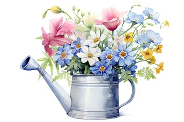 Fototapeta premium Watercolor bouquet of spring flowers in a watering can isolated on white background