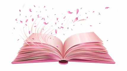 Isolated on a white background, a realistic open book with blank pages flying around. Reading hobby. Pink fairy tail story