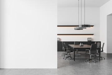 Modern office interior with a conference table, chairs, and a large empty wall, ideal for a mockup. 3D Rendering