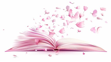 Isolated on a white background, a realistic open book with blank pages flying around. Reading hobby. Pink fairy tail story