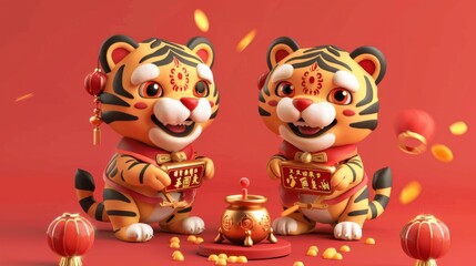 A set of tigers with one grinding an inkstone and the other holding a couplet written with blessings and luck.