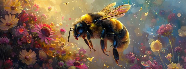 Illustrate an intricate, hyper-realistic oil painting of a bumblebee with iridescent wings, hovering over a whimsical pathway of assorted flower petals - obrazy, fototapety, plakaty