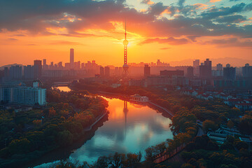sunset over the city,
Chengdu skyline scenery with TV tower - obrazy, fototapety, plakaty