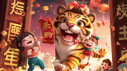 The national greeting card for Chinese New Year 2022 features a tiger jumping out of a window and biting a red envelope filled with lucky money. On the back of the tiger are smiling children wishing