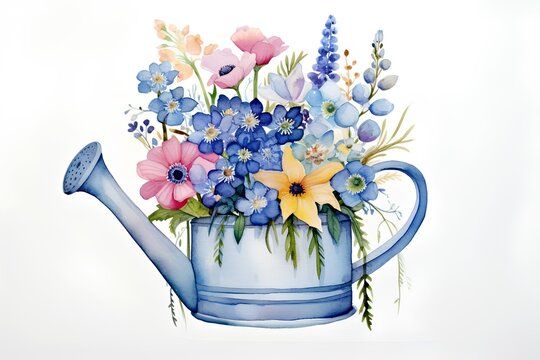Watercolor illustration of a watering can with a bouquet of spring flowers