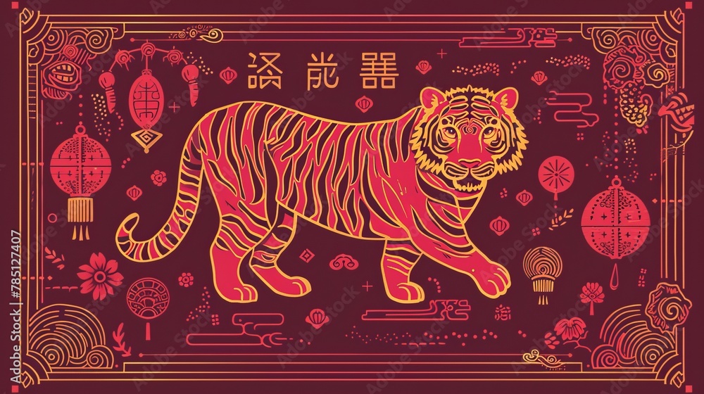 Wall mural Chinese elements representing the Year of Tiger. Illustration of the tiger, wealth decorations, and a red envelope filled with money. - Wall murals