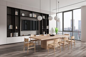 Modern dining room interior with wooden furniture and cityscape view, real estate concept, light background. 3D Rendering