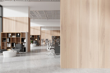 Modern office interior visible behind a blank wooden wall, ideal for a mockup on a light background, showcasing workspace concept. 3D Rendering - 785127414