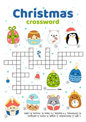 Fototapeta premium Crossword of Christmas elements. English words. Educational puzzle game for kids. Cartoon, vector