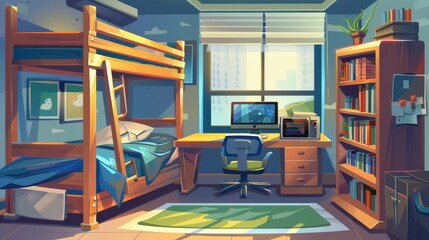Cartoon illustration of a college dorm with a bunk bed and a computer on a desk, a chair and a bookshelf. 2D game animation layers with a side scroller. - obrazy, fototapety, plakaty