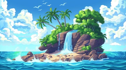 An island with waterfall in the ocean, a rocky island with a sandy beach, palm trees, and water jets falling into the ocean under a blue cloudy sky. A tropical landscape, cartoon game background. - obrazy, fototapety, plakaty