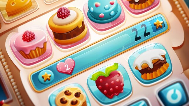 Cute cake icons, buttons, and assets for a match 3 game interface. Modern cartoon illustration of a match three mobile game interface with progress bars, scoreboards, and a clock.