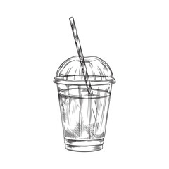 Vector illustration of a fresh smoothie in a plastic cup with a lid and a striped tube on a white background