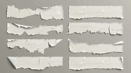 A collection of torn notes and notebook paper strips adhered to a grey background. Vector illustration - obrazy, fototapety, plakaty