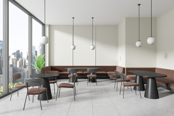 Modern cafe interior with stylish furniture, large windows, and a cityscape view in the background, depicting upscale dining ambiance. 3D Rendering