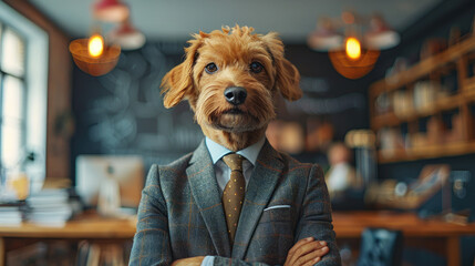 A businessman with a dog's head in a business suit and tie, wearing glasses on a blurred background. Wolf character - obrazy, fototapety, plakaty