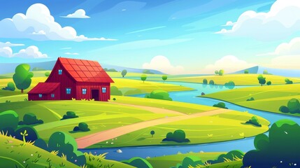 Modern illustration of a summer rural scene with green farm fields, a barn, and a river. Countryside panorama, farmland landscape featuring red wooden grain bins, a road, and a lake. - obrazy, fototapety, plakaty