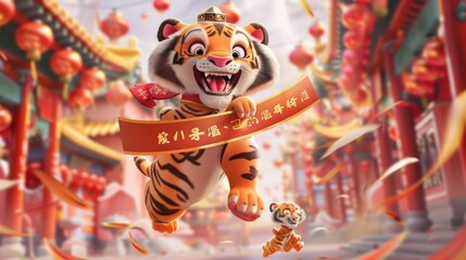 A big tiger hopping in the air with a paper scroll stating "Welcome the Year of the Tiger" dangling from its mouth and a little tiger holding a couplet saying "Good fortune for the new year"