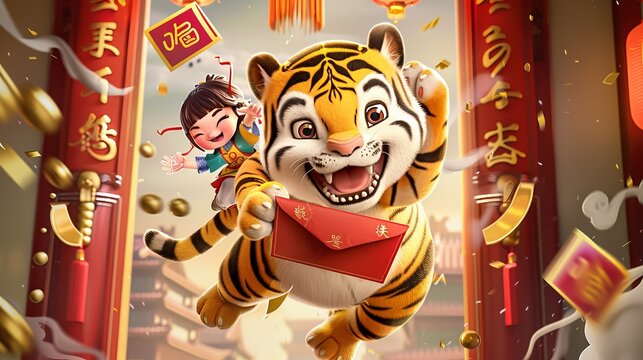 Wishing you all the best in the New Year. Chinese New Year greeting card from 2022. A tiger jumping out of a window biting a red envelope filled with lucky money.