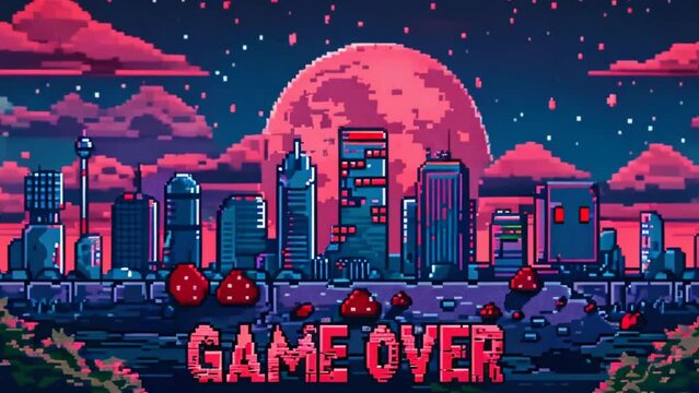 Game over Pixel art design. Arcade retro banner, digital pixel 8-bit. End level final poster. Vintage style. Pixelated text illustration. Gaming finish sign. Old fashion effect. Red background.
