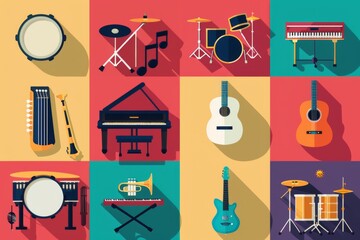 Colorful flat pictograms depicting different musical instruments