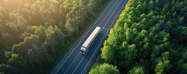 A white truck cruising along a road slicing through a stunning, lush green forest, depicting transportation. - obrazy, fototapety, plakaty