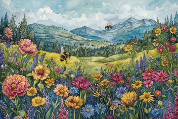 Illustrate a bee gracefully navigating through a meadow of colorful wildflowers at a skewed perspective, rendered in detailed pen and ink to convey the intricate beauty and harmony of the natural worl